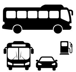 Black silhouette icon vector set of bus, car and gas pump. Public transport, passenger vehicle and fuel station symbols for travel and transportation web design.