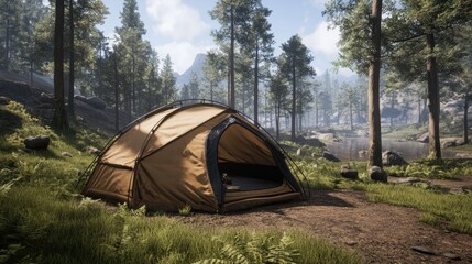 A single brown camping tent with its entrance open sits in a sunlit forest beside a calm lake surrounded by tall pine trees and lush green vegetation