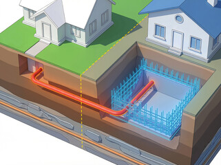 Cross section of a swimming pool construction site showing foundation rebar and underground utility connections