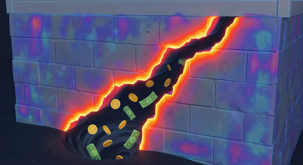 Foundation wall crack with glowing light swallowing money and coins, concept of expensive home repairs and financial loss