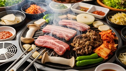Korean BBQ grill with sizzling meat and vegetables, smoky realistic style.