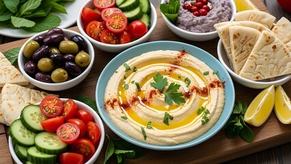Mediterranean mezze platter with hummus, olives, pita bread, colorful layout.