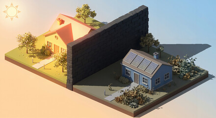 Concept of property boundary and privacy with a massive dark wall separating a sunny house from a shady neighbor.