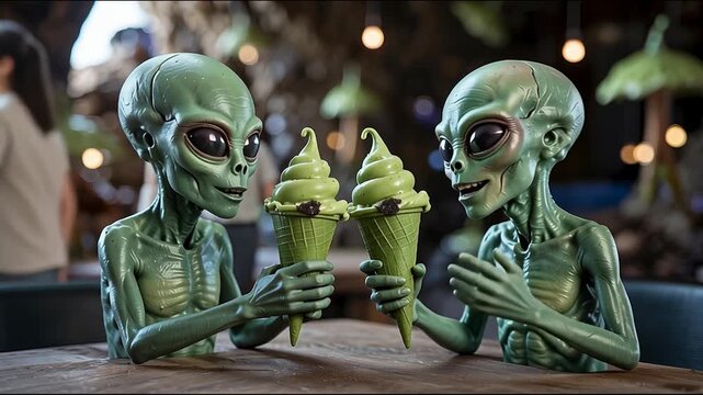 Two aliens sitting in a bar are surprised to taste green ice cream.