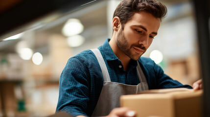 Fototapeta premium Faceless manager worker doing stocktaking product management cardboard box shelves warehouse stock photo physical inventory count male assistant checking stock factory