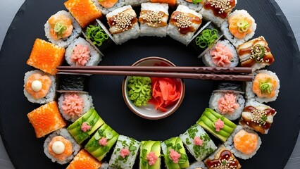 Sushi rolls arranged in a circular pattern with colorful toppings, top view.