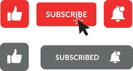 Subscribe button UI set with like and notification bell icons, click cursor interaction, social media engagement elements, red and gray vector interface design isolated on white background