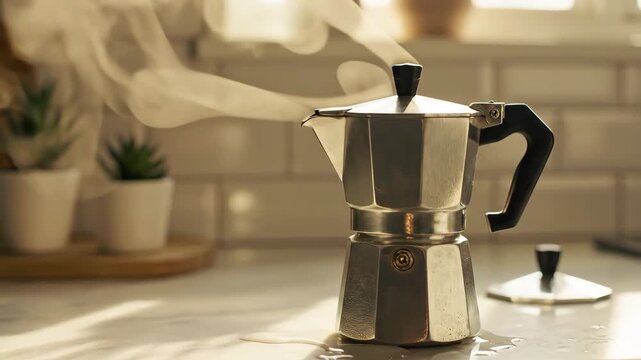Steam Rising Moka Pot Brewing Coffee Kitchen Counter Plants