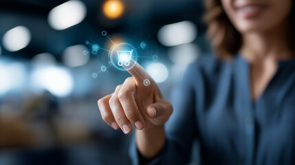 Inventory management concept faceless business woman hand touching inventory management icon virtual screen stock photo digital interface supply chain technology logistics ope