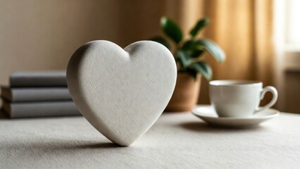 A simple yet elegant white stone heart decoration standing upright on a textured table surface in a cozy indoor setting.