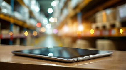 Computer tablet on blurred warehouse background inventory management technology stock photo logistics operations supply chain management distribution center digital interface