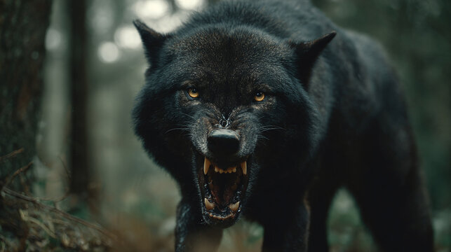 A black wolf, teeth bared, advances menacingly with sharp eyes gleaming in the dim light of a forest, its predatory stance radiating primal fear.