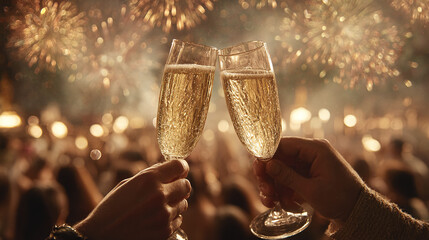 Celebrating a special occasion with a champagne toast amidst fireworks. Festive gathering, joyful ambiance, perfect for unforgettable moments.