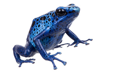 A vibrant blue frog sitting on a transparent background with black spots
