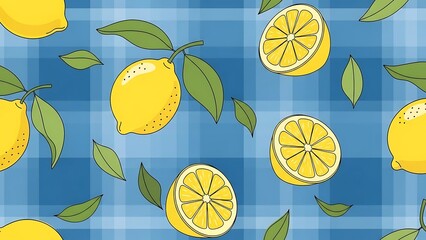 A vibrant seamless pattern featuring illustrated lemons with leaves over a blue checked background