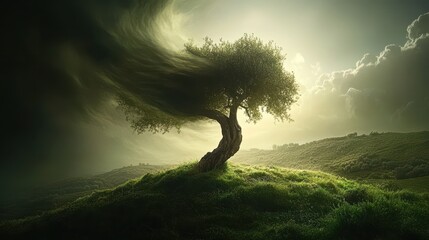A solitary oak tree on a grassy hill with its branches dramatically bent by powerful winds under a stormy sky