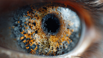 Close-up of a futuristic eye with circuitry patterns integrated into the iris, blending biology with advanced technology.