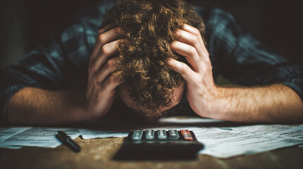 Overwhelmed by bills and finances, a man buries his face in his hands, highlighting the stress of economic hardship and financial strain.