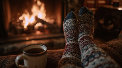 Cozy night in: Warm socks, a steaming mug, and the crackling fireplace create the perfect winter scene for relaxation and comfort at home.