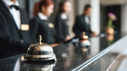 Luxury hotel reception desk with service bell and professional staff in the background