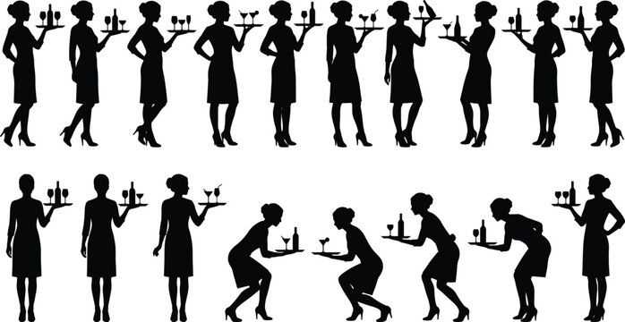Waitress silhouette set with serving poses, female server carrying food and drinks, restaurant hospitality staff collection, black vector illustration isolated on white background