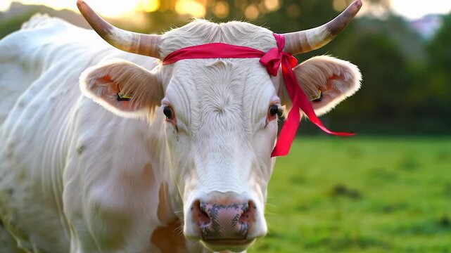 An extreme close-up video of a pristine white domestic cow with a red ribbon on its horns, gazing inquisitively, backlit by golden hour, serene farm concept