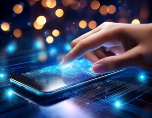 a finger taps on a glowing smartphone screen amidst blurred lights and floating particles representing digital connection