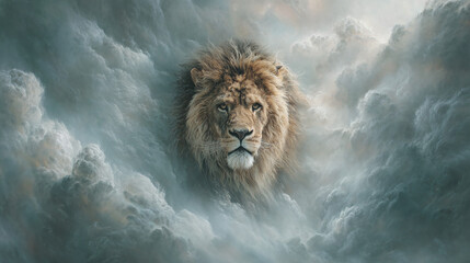 Majestic lion emerges from a sea of clouds, a portrait of strength and serenity, set against the backdrop of an ethereal sky.
