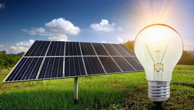 ampoule et panneaux solaire photovoltaique sur fond de nature energie verte et economie d energie dans la maison