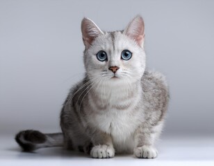 An adorable young grey British Shorthair kitten sitting isolated on a white background looking forward with beautiful eyes as a cute domestic feline pet