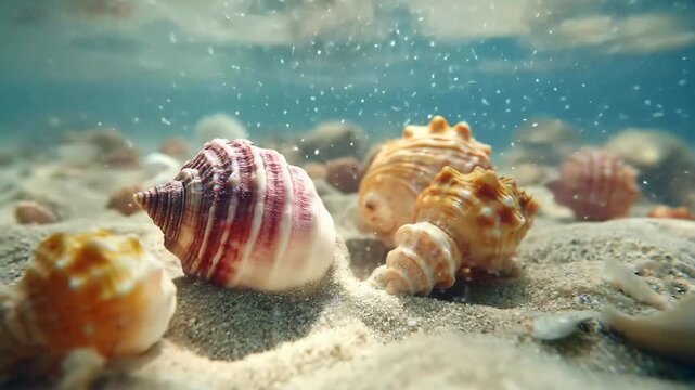 Colorful seashells on sandy ocean floor