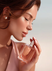 Luxury beauty portrait of an elegant woman holding perfume bottle, sensual fragrance concept