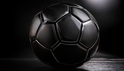close up of a sleek black soccer ball with textured panels against a dark background