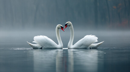 Fototapeta premium Two graceful swans facing each other, creating a heart shape with their necks, reflecting in the calm water under a hazy, soft light.
