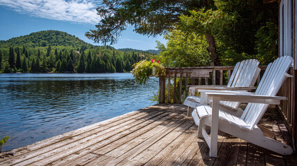 Tranquil lakeside scene featuring white Adirondack chairs on a wooden deck, offering a serene view of the calm water and lush, green hillside.