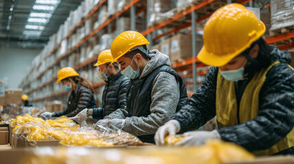 Warehouse workers wearing protective gear like yellow hard hats and surgical masks, packing goods, ready to ship. Rows of shelves in the background.