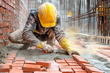 Mason laying red bricks with mortar using a trowel at a construction site, professional construction work and building industry.