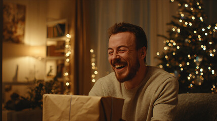 Joyful man laughing in cozy room with Christmas tree and presents. His face radiates with genuine emotion, creating a festive mood.