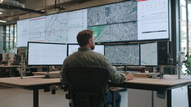Monitoring operations from an office setting, utilizing multi-screen display of maps and data for efficient coordination and response efforts.