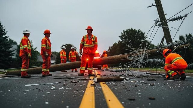 Emergency Response Team Addressing Power Line Down Incident in Urban Area During Overcast Weather