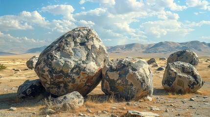 Massive weathered granite boulders rest silently upon the golden desert sand, displaying their jagged edges and complex textures under the brilliant glow of the warm afternoon sun in this natural land