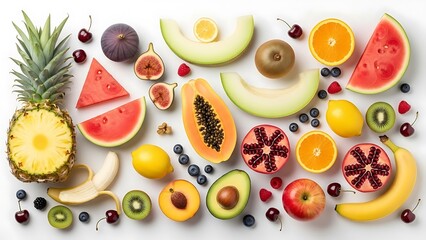 Assorted colorful fresh fruits arranged on a white surface, overhead view