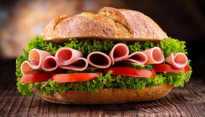 tasty fresh big sandwich with ham and vegetables