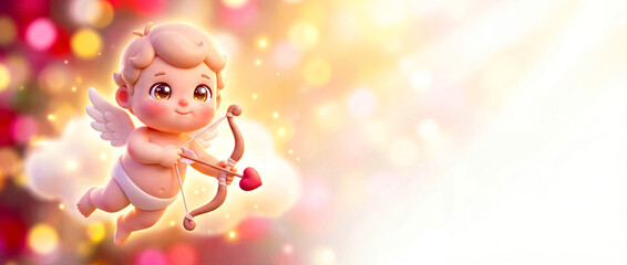 Floating Cupid Character Holding Bow and Arrow on Blured Background with Bokeh and Copy Space