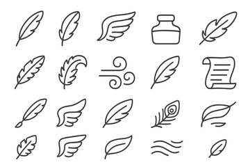 Feather Icons Collection. Line style icons of feathers and flight: quill, bird feather, wing, ink bottle, nest, eagle feather,