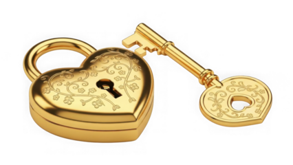 Golden Heart Padlock And Key With Floral Engravings