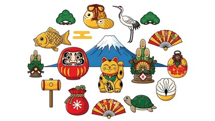 Fototapeta premium Assortment of Japanese lucky charms, symbols, and elements arranged in a circle
