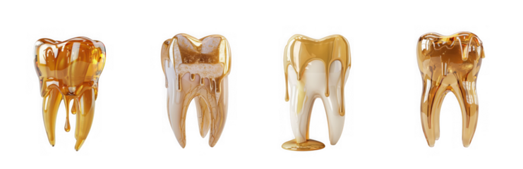 A realistic rendering of four human teeth in varying stages of decay isolated on transparent background
