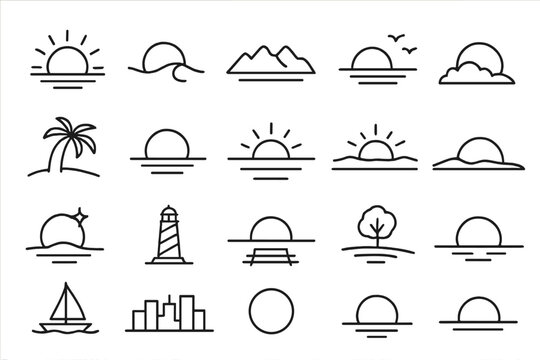 Sunset Line Icons. Line style icons of sunsets and horizons: setting sun, ocean wave, mountain ridge, cloud line, birds in sky,