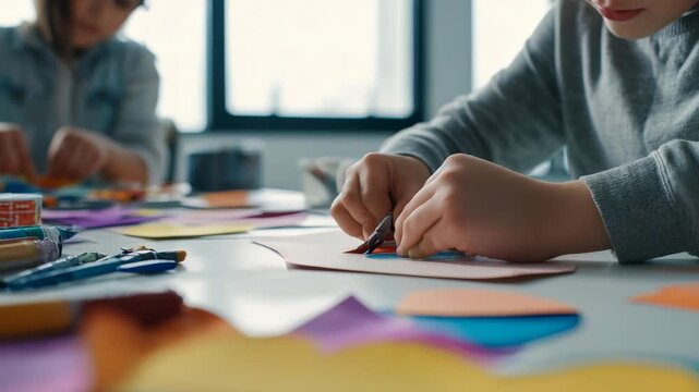 Young kids use scissors and colored paper to create unique art pieces in a modern classroom setting. The scene highlights creativity, teamwork, and the joy of hands on activities for children